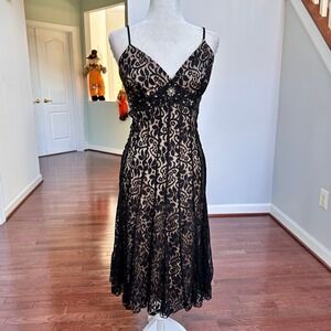 Vintage Y2K Mix It Lace Feminine Embellished Black Tan Cocktail Midi Dress